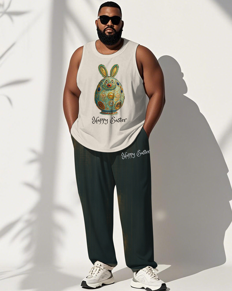Men's Plus Size Easter Oil Painting Green Bunny Alphabet Print Vest Trousers Suit