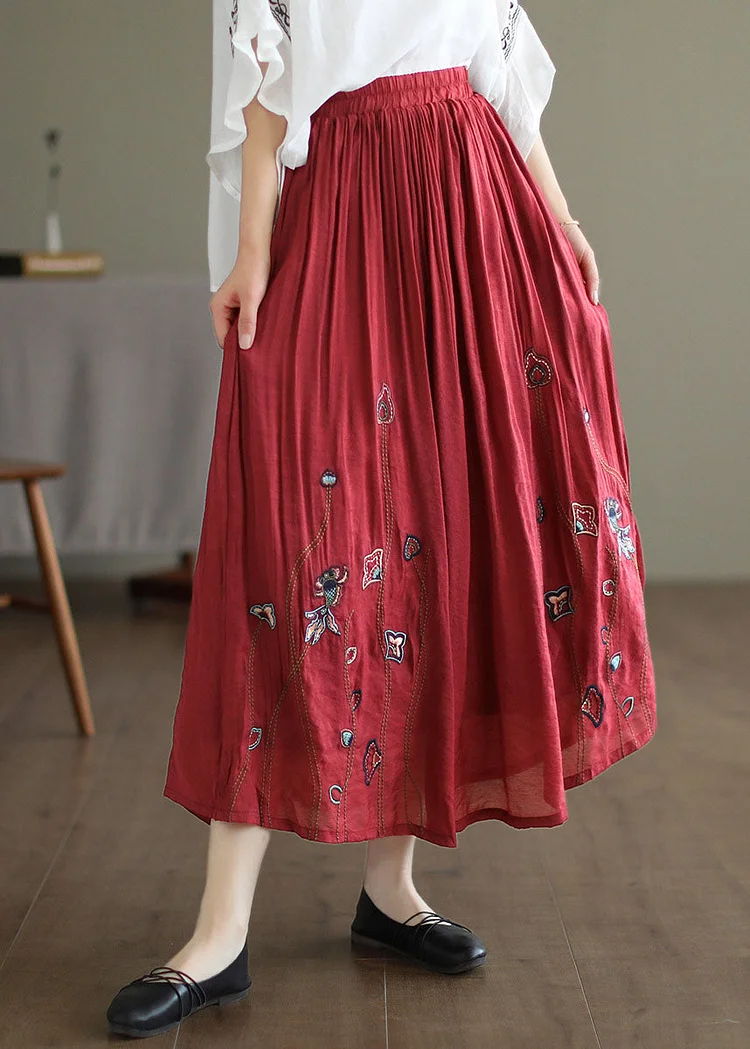 Red Linen Silk A Line Skirts Embroideried Exra Large Hem Spring