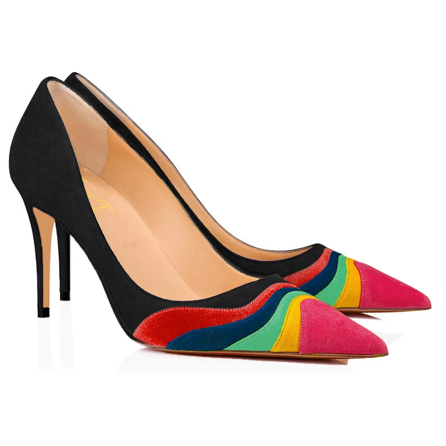 TAAFO Classic Multicolor High Stiletto Heels Pumps Pointed Toe Women Patchwork Dress Office Ladies 