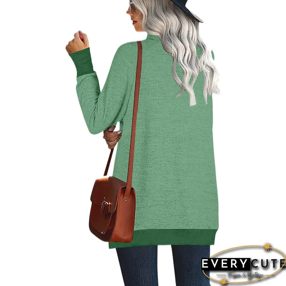 Green Color Block Heap Collar Long Sleeve Tops