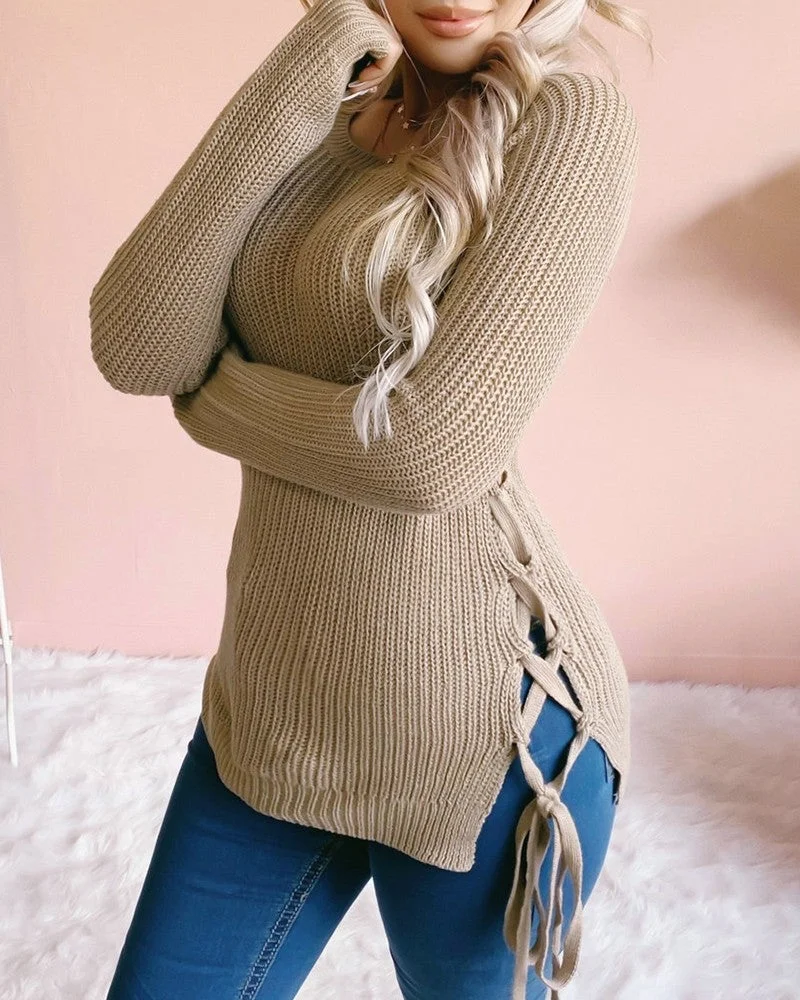 Side Lace Up Long Sleeve Casual Knit Sweater