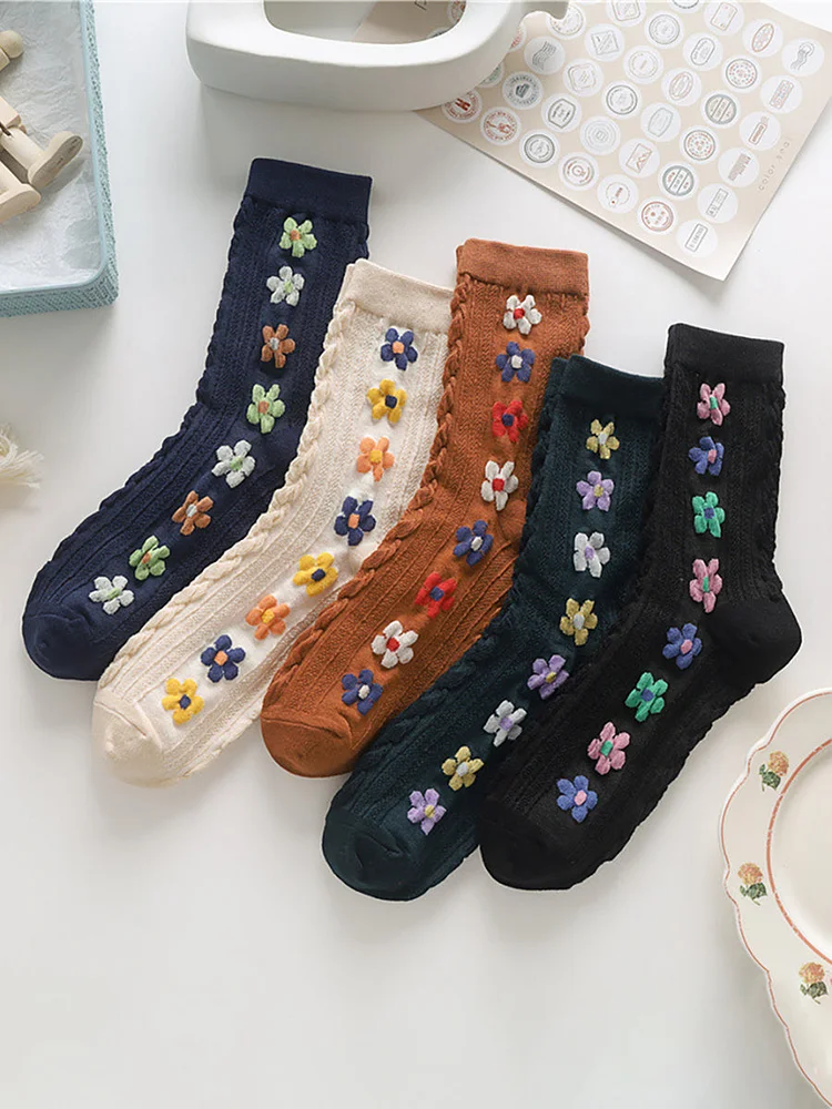 5 Pairs Female Retro Flower Autumn Socks