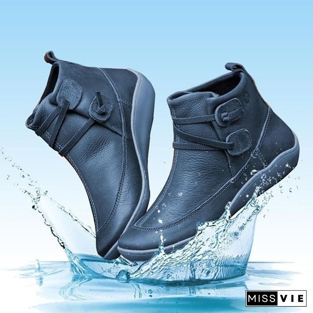 Women's Braided Strap Flat Heel All Season Boots Waterproof Leather Comfortable Flat Heel Boots Round Toe Ankle Boots