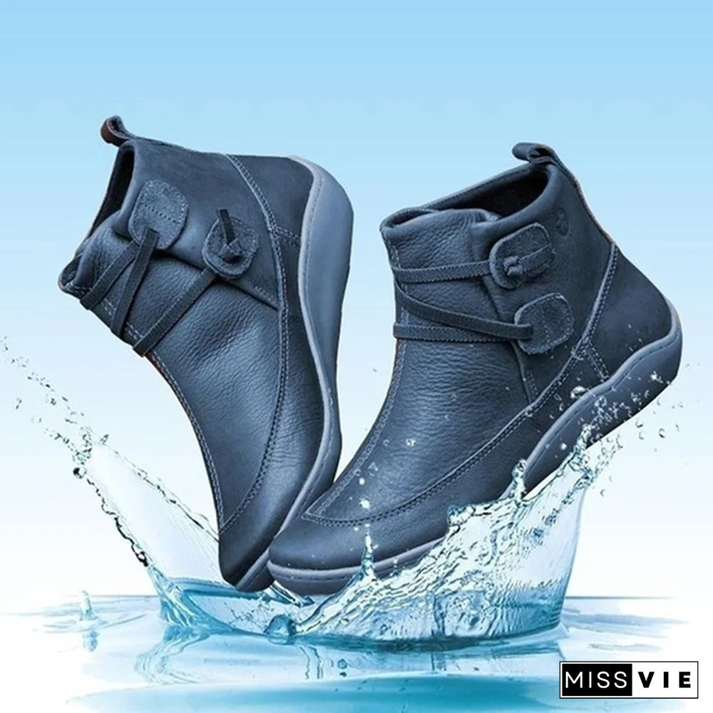 Women's Braided Strap Flat Heel All Season Boots Waterproof Leather Comfortable Flat Heel Boots Round Toe Ankle Boots