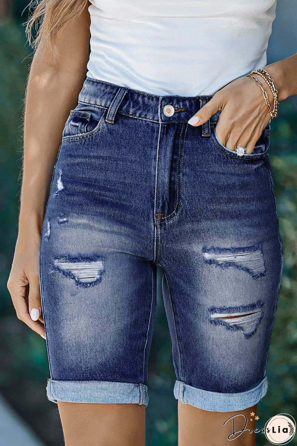 Blue Distressed Bermuda Denim Shorts with Roll-up Detail