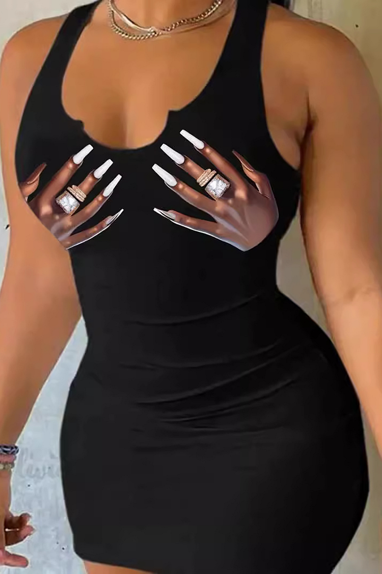 Hand Print Irregular U Neckline Bodycon Casual Mini Tank Dresses-White