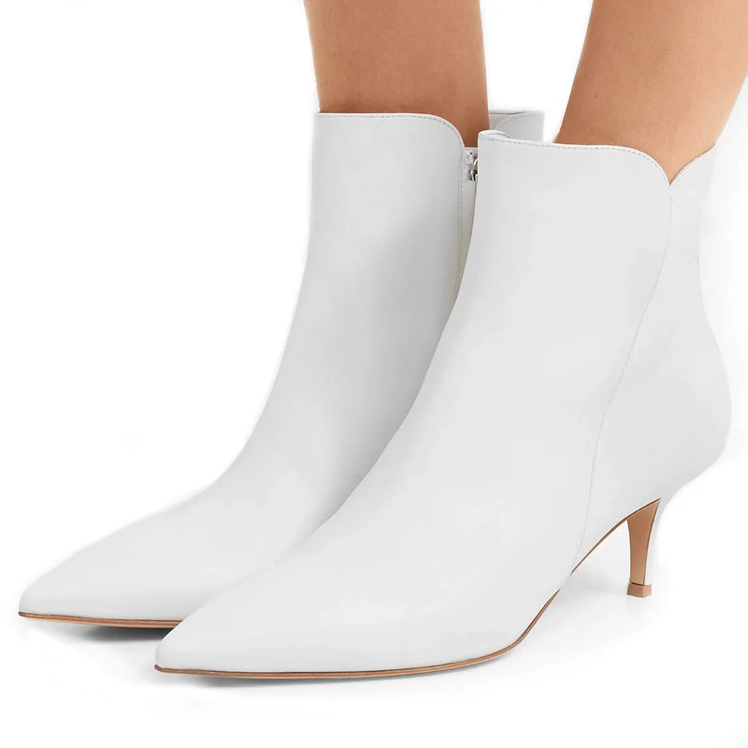 White Kitten Heel Side Zipper Pointed Toe Short Boots for Women