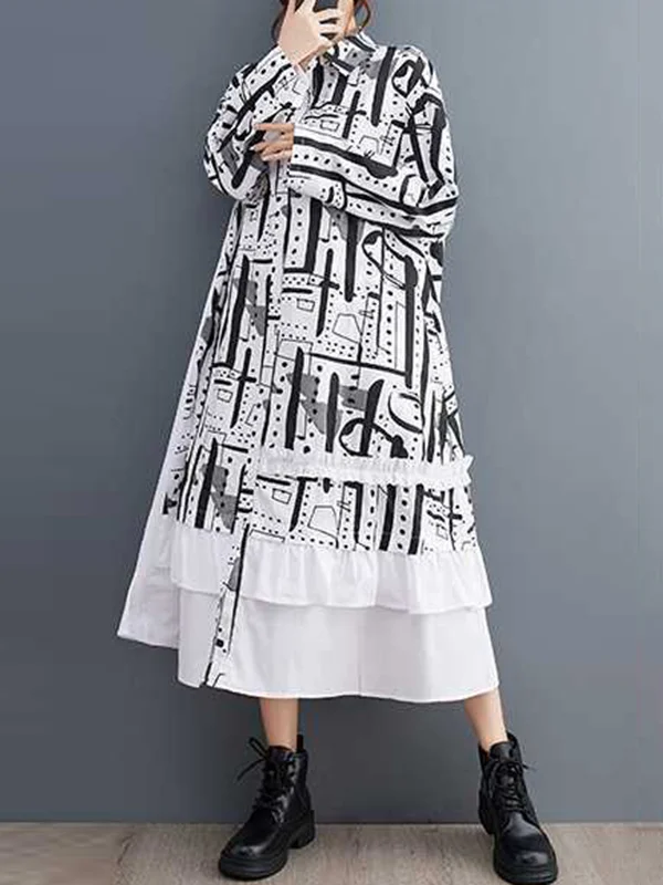 Split-Joint Printed Buttoned Asymmetric Loose Long Sleeves Lapel Midi Dresses