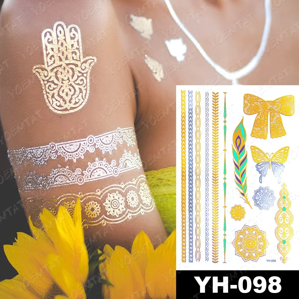 Waterproof Temporary Tattoo Sticker Gold Silver Henna Indian Hand Painted Glitter Tattoos Women Mandala Flower Feather Body Art