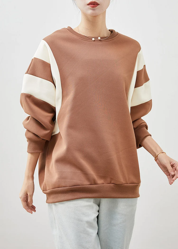 Khaki Patchwork Cotton Sweatshirts Top Oversized Spring