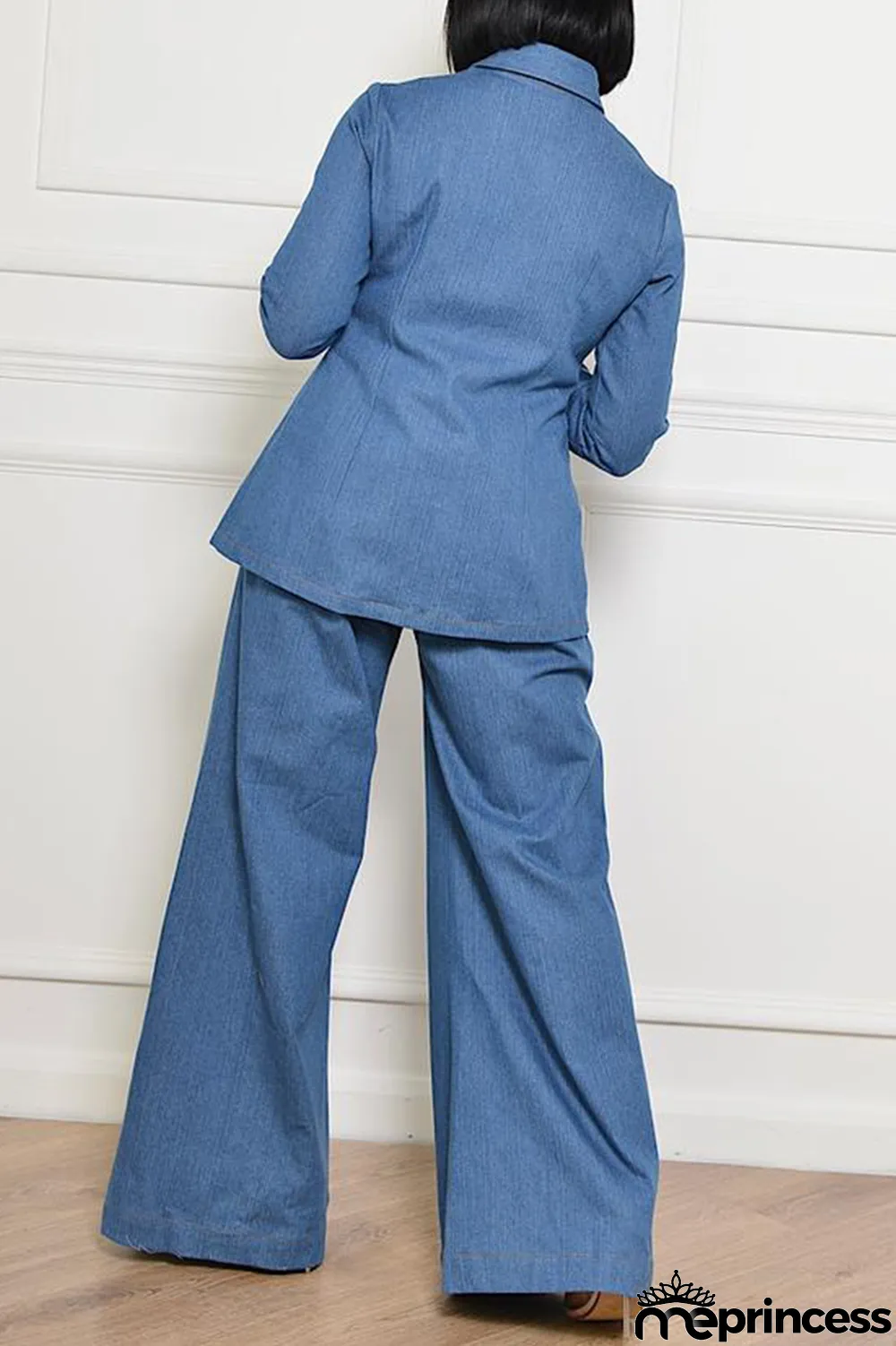 The cowboy blue Casual Solid Hollowed Out Turndown Collar Long Sleeve Two Pieces