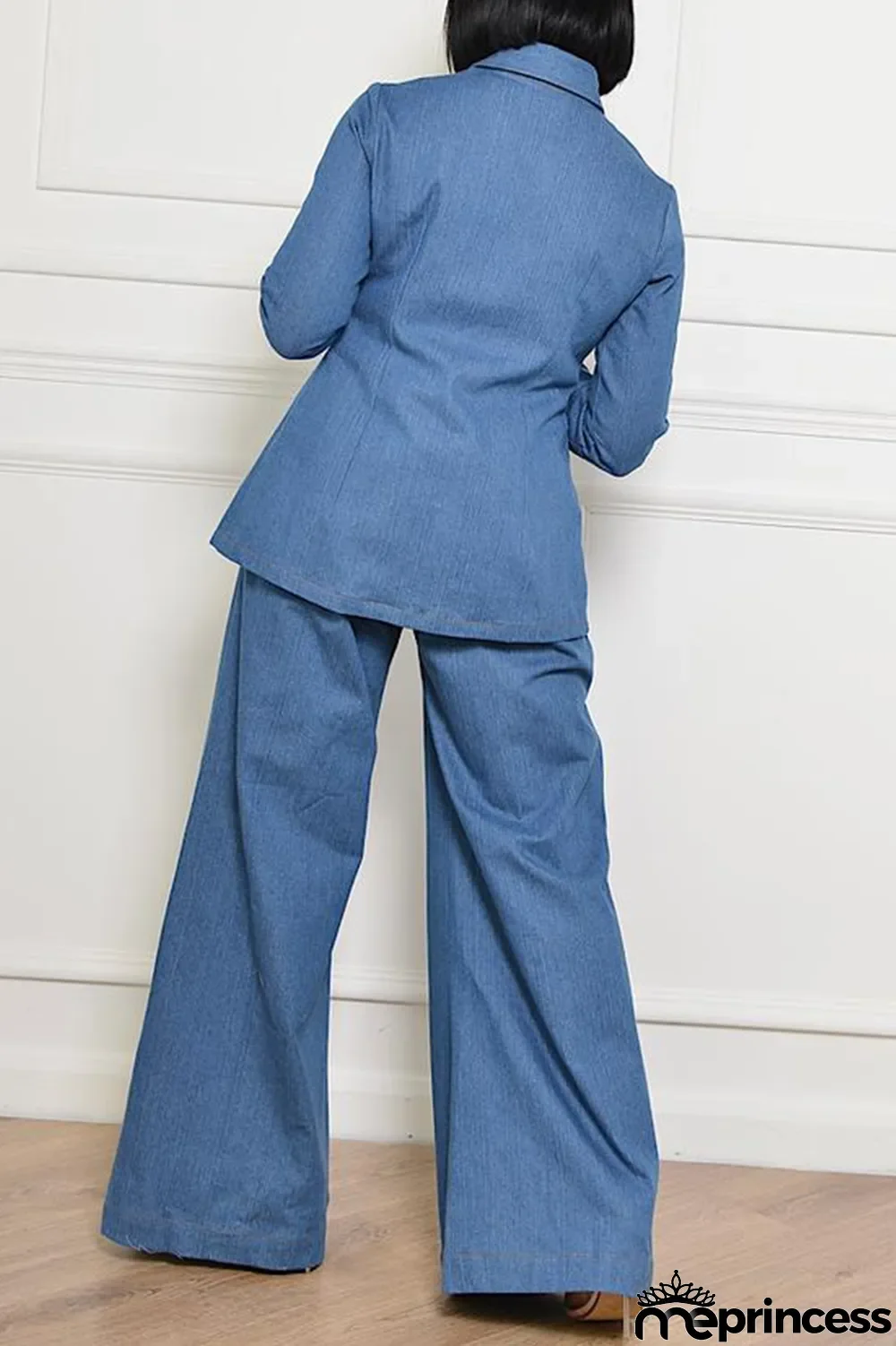 The cowboy blue Casual Solid Hollowed Out Turndown Collar Long Sleeve Two Pieces