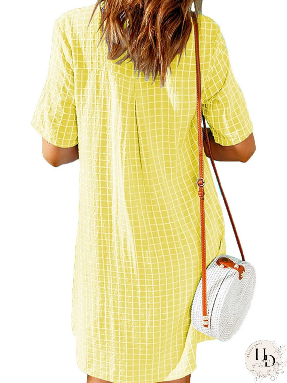 Women's Casual Shirt Short Skirt Lapel Plaid Loose Short Sleeve Dress White Dress