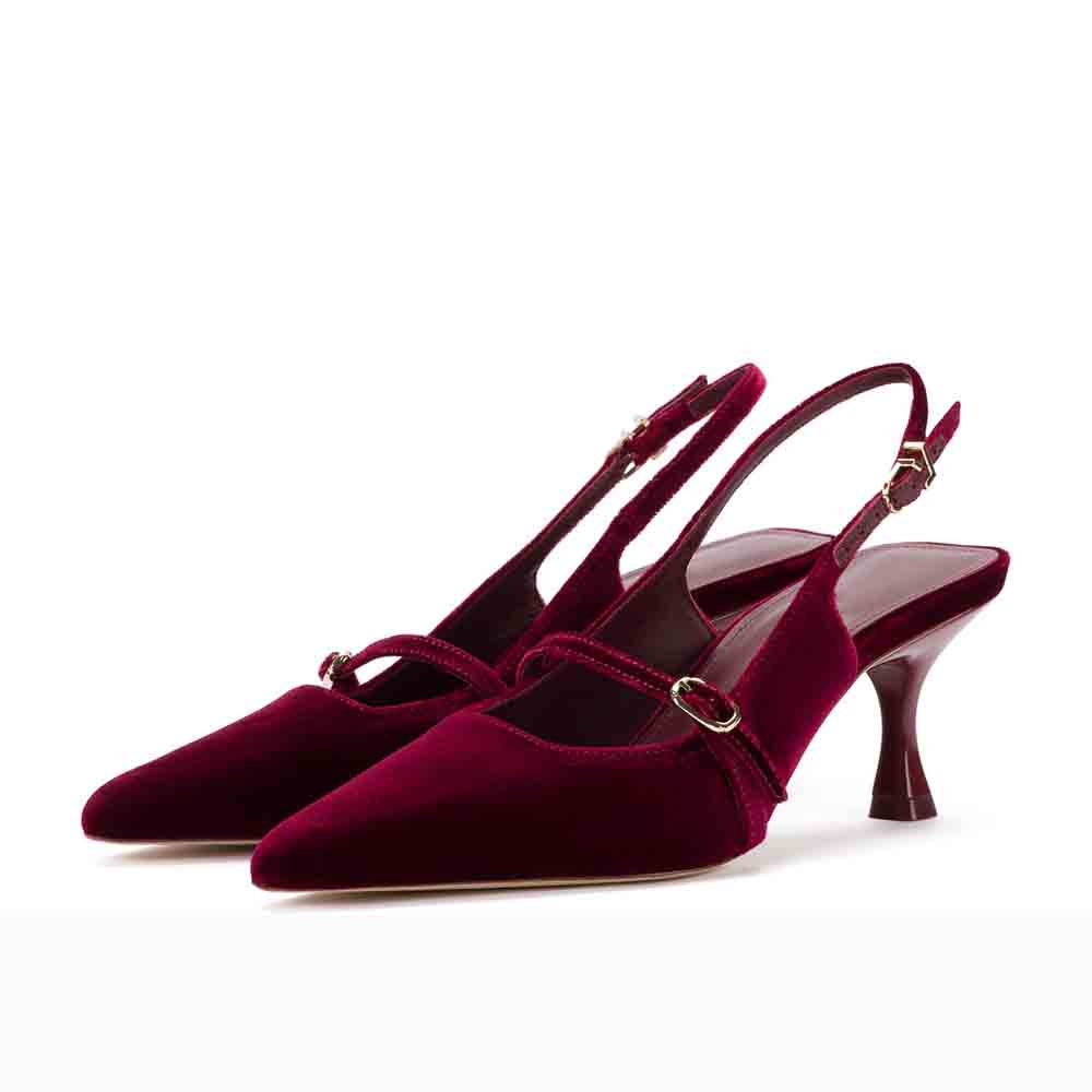 Burgundy Velvet Pointed Toe Kitten Heel Slingback Pumps with Buckle Nicepairs