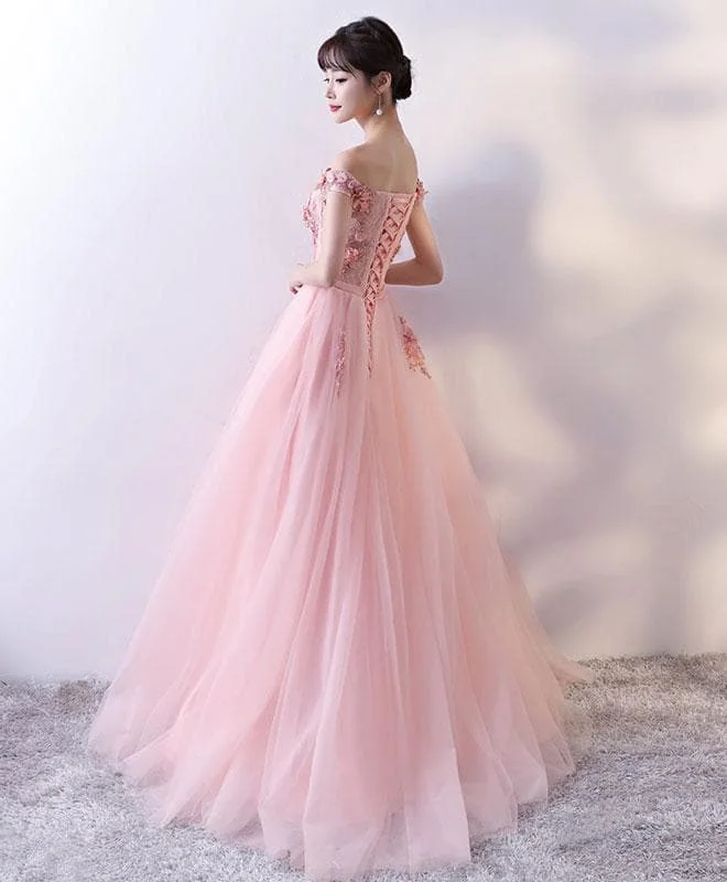 Pink Tulle Lace Long Prom Dress, Lace Evening Dress