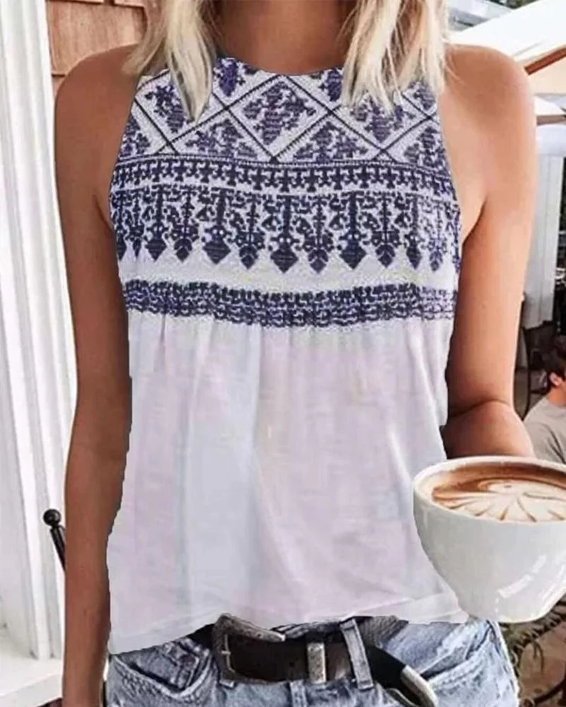 Vintage Print Halter Neck Sleeveless Tank Top
