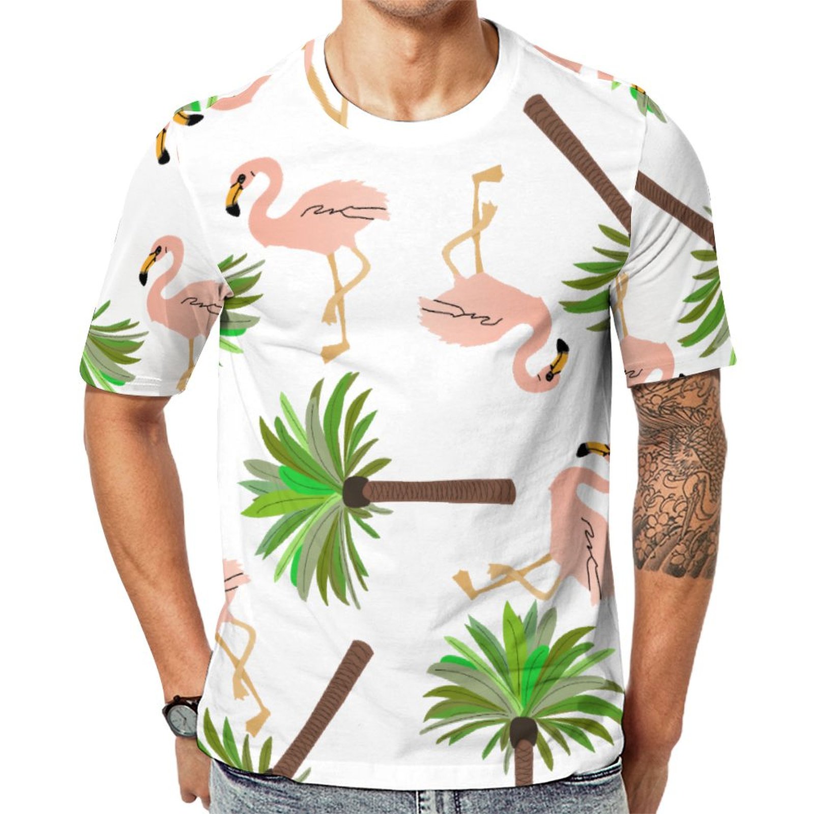 Flamingo And Palm Tree Short Sleeve Print Unisex Tshirt Summer Casual Tees for Men and Women Coolcoshirts