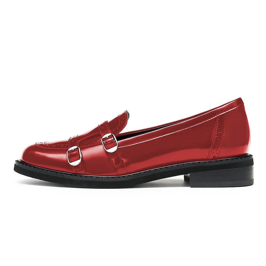Red Patent Leather Round Toe Buckle Decor Chunky Heeled Loafers