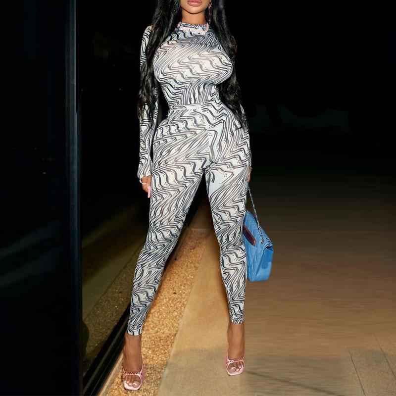 Snake Print Digital Print Long-Sleeved Skinny Jumpsuit main image 1