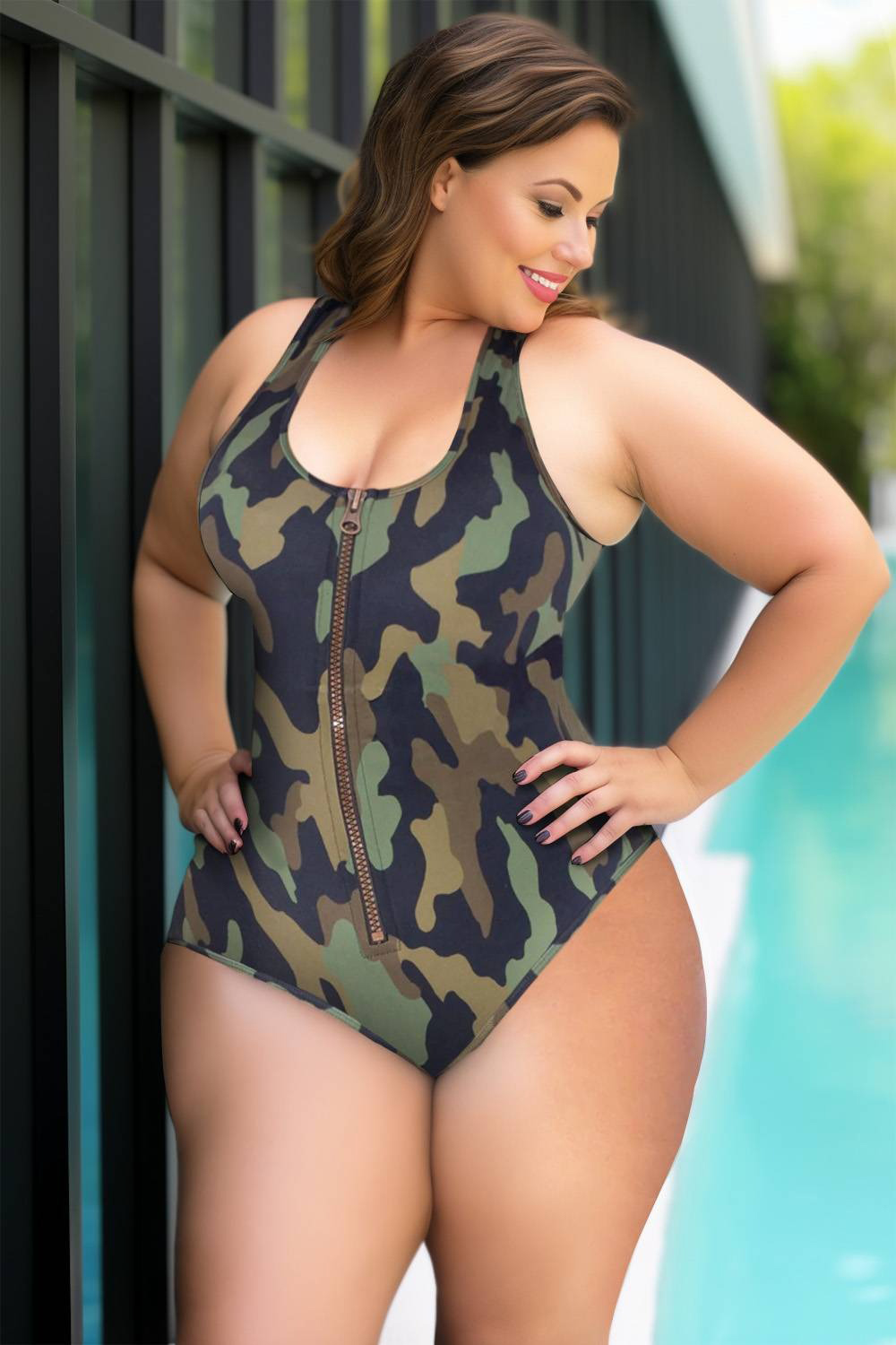 Design Plus Size Beach Army Green Camo U Neck Zipper Swimsuit Fabric One Pieces Swimwear [Pre-Order]