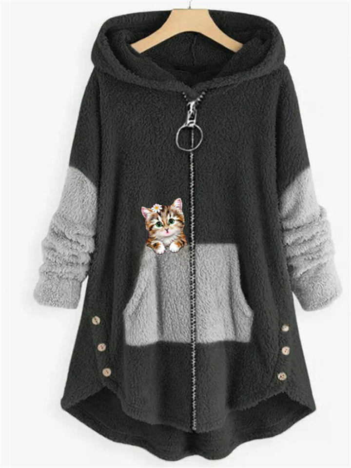 Women's Fleece Jacket Pullover Casual Sherpa Fleece Teddy Zip Up Front Pocket Green Black Pink Cat Street Hoodie Long Sleeve Fleece S M L XL XXL 3XL | 168DEAL