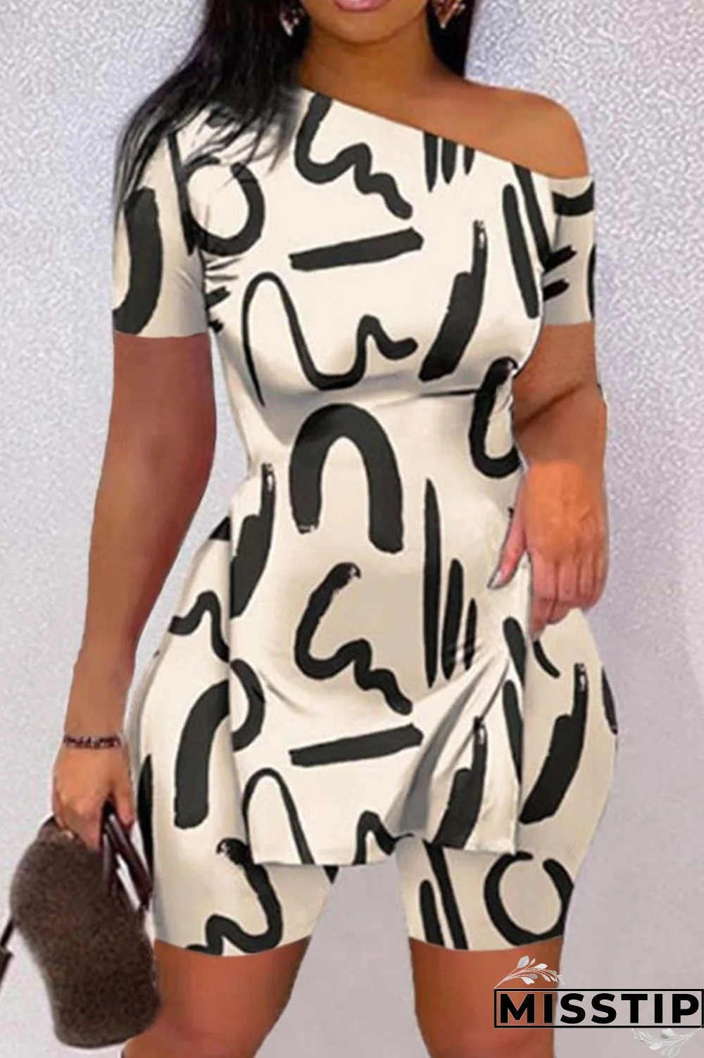 Black White Casual Print Slit Oblique Collar Short Sleeve Two Pieces