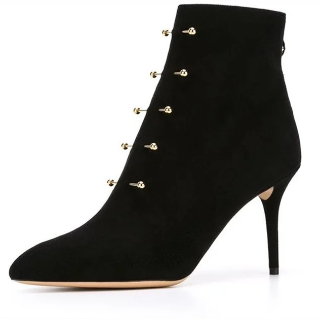 Black Vegan Suede Gold Pins Stiletto Heel Ankle Boots |FSJ Shoes