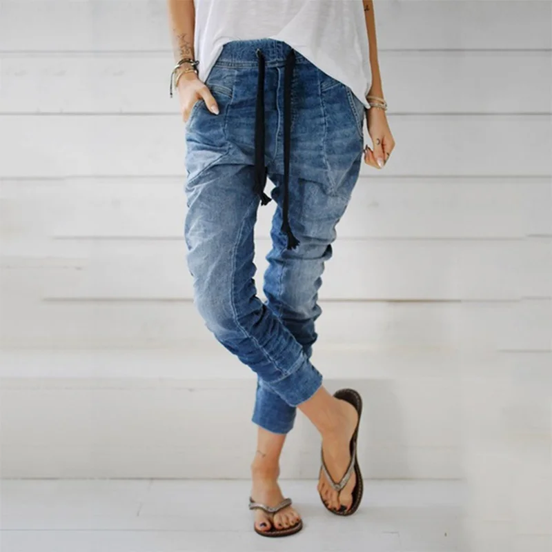 Women's Lace-up Casual Denim Harem Pants In Blue