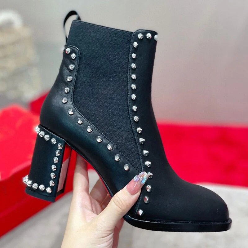 Real Cow Leather Ankle Boots Woman Pointed Toe Rivet High Heels Shoes Woman Chelsea Boots