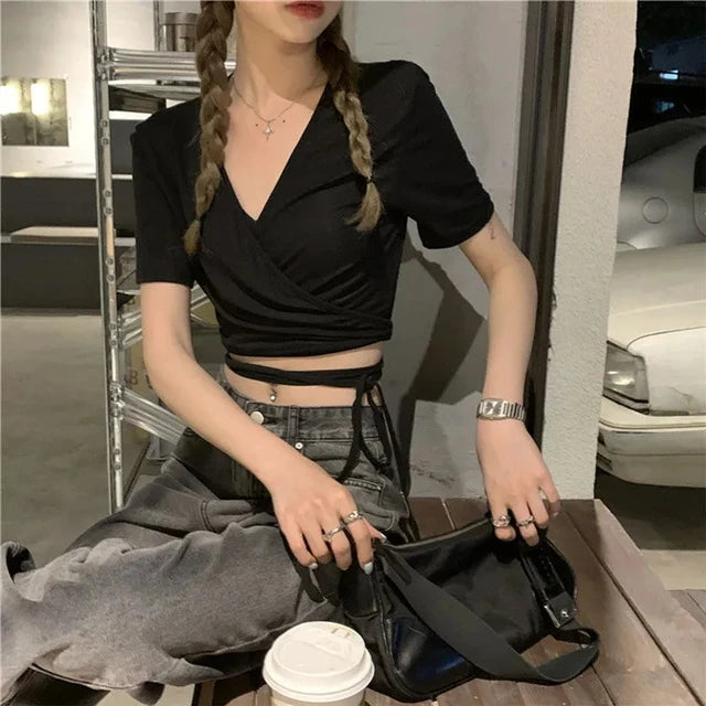 OLCooL Summer Casual Tee Tops Women T shirts Solid V-neck Sexy Cropped Top Cross Tie-Up Harajuku Basic Korean Street T-shirts mujer Y2k olcool