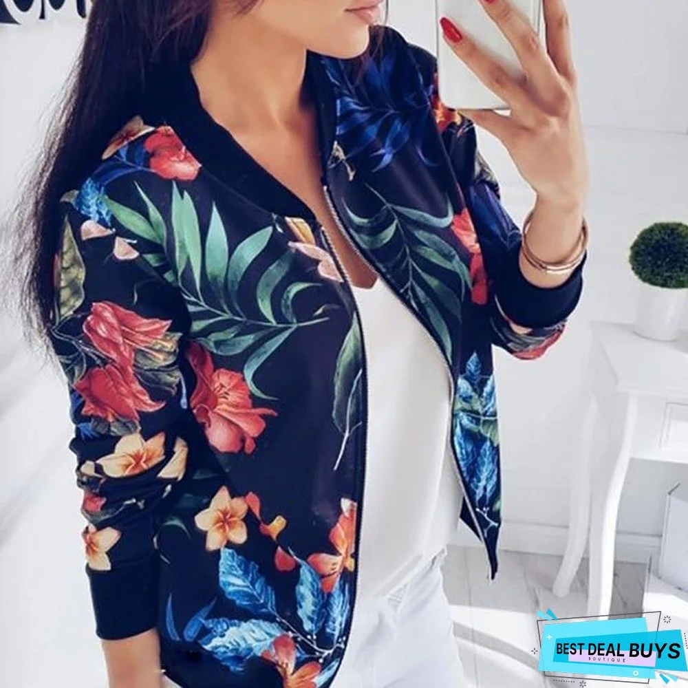 Women Coat Retro Floral Print Zipper Up Jacket Casual Coat Long Sleeve Outwear Women Basic Jacket Bomber