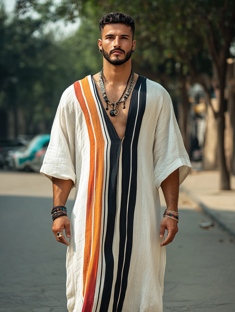 Men's Linen V-neck Long Kaftan