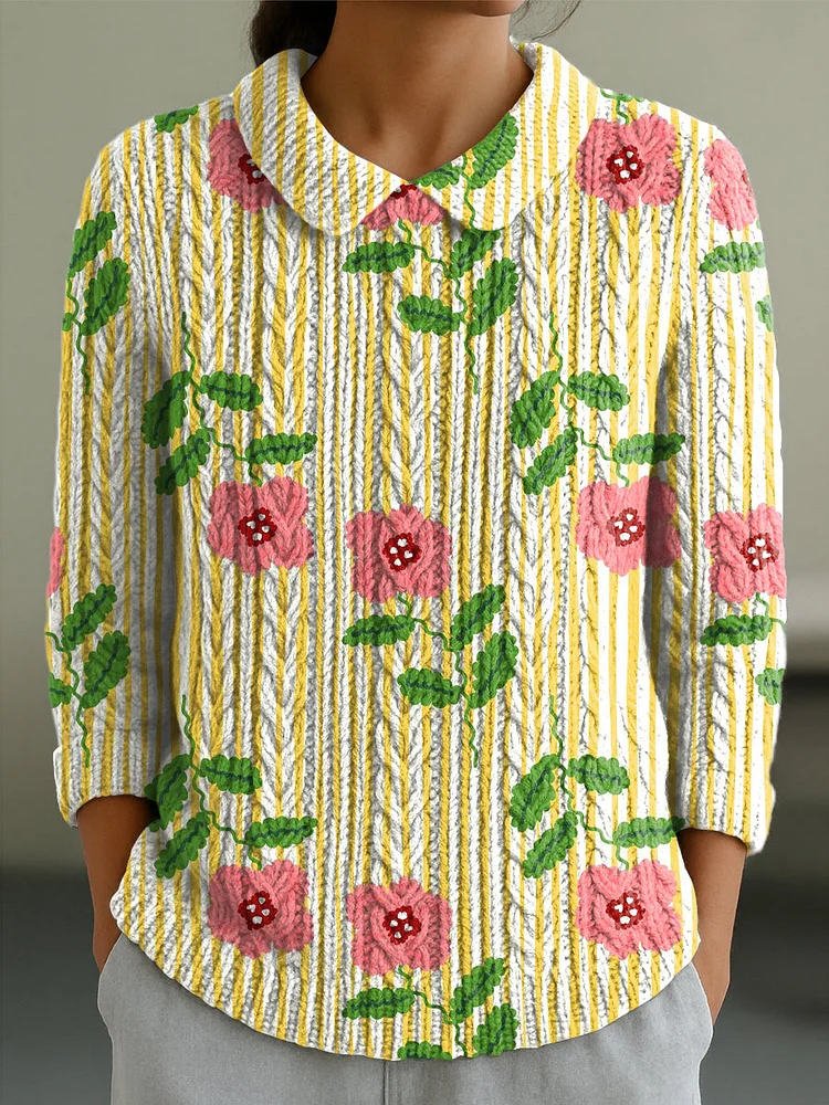 Women's Flowers Painting Art Print Casual Peter Pan Collar 3/4 Sleeve Sweater