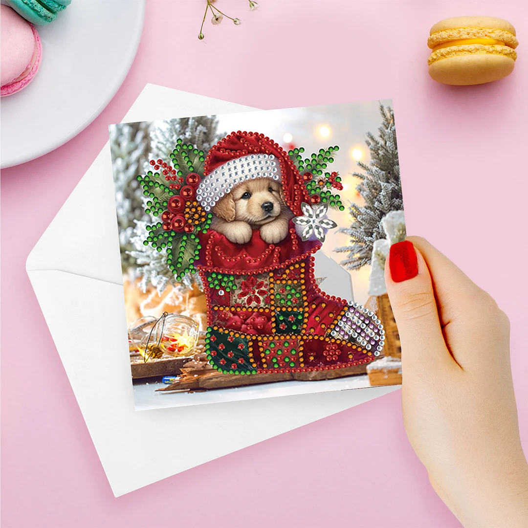 6pcs DIY Christmas Sock Animal DIY Diamond Painting Greeting Card for Friends Family Gift【With White Envelope】