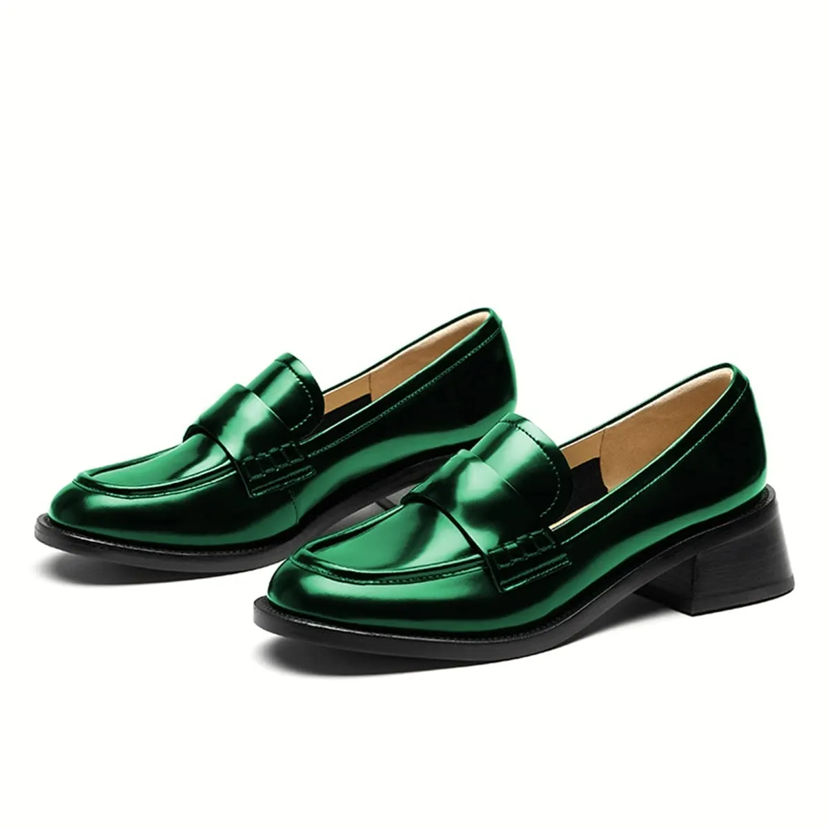 Metallic Green Round Toe Chunky Loafers Business Casual Female Shoes Nicepairs