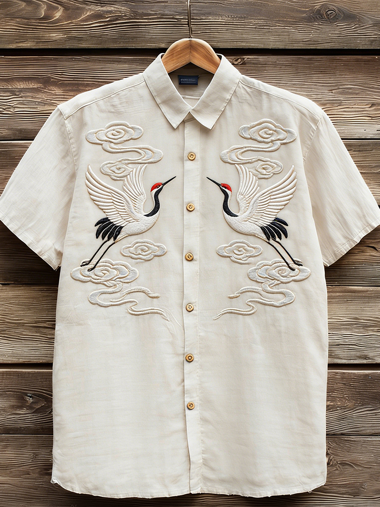 Vintage Clouds & Cranes Art Short Sleeve Linen Shirt  artssus
