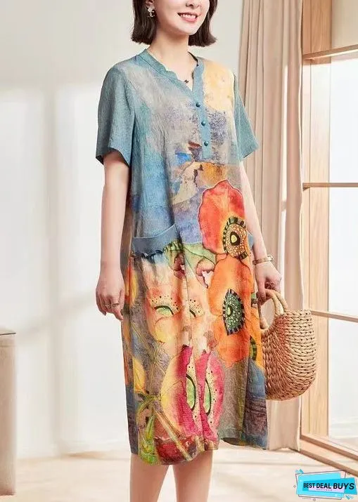 Women Blue Print Pockets Cotton Dresses Short Sleeve