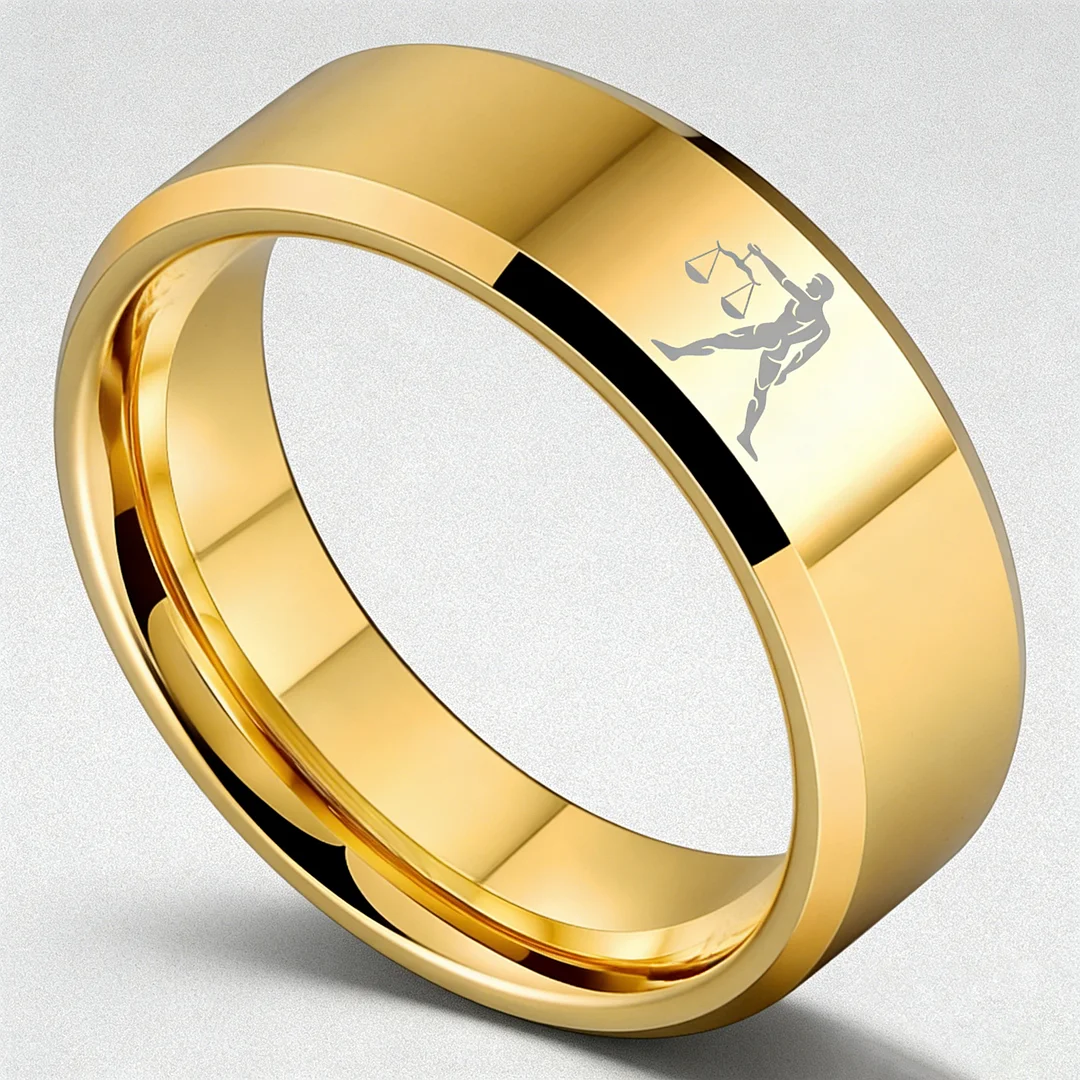 Gold Libra Tungsten Carbide Rings Beveled Edges Gold Laser Etched Couple Wedding Bands for Men and Women 4MM 6MM 8MM