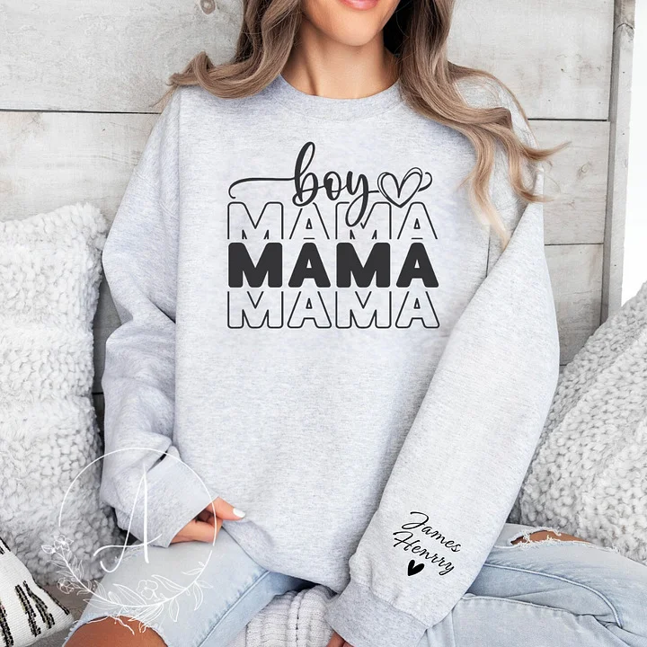 Boy Mom-Custom Boy Mama Sweatshirt with Name Design On Sleeve