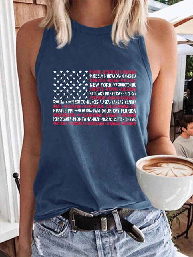 Women's 4th Of July Red Wine & Blue Print Casual Loose Tank socialshop
