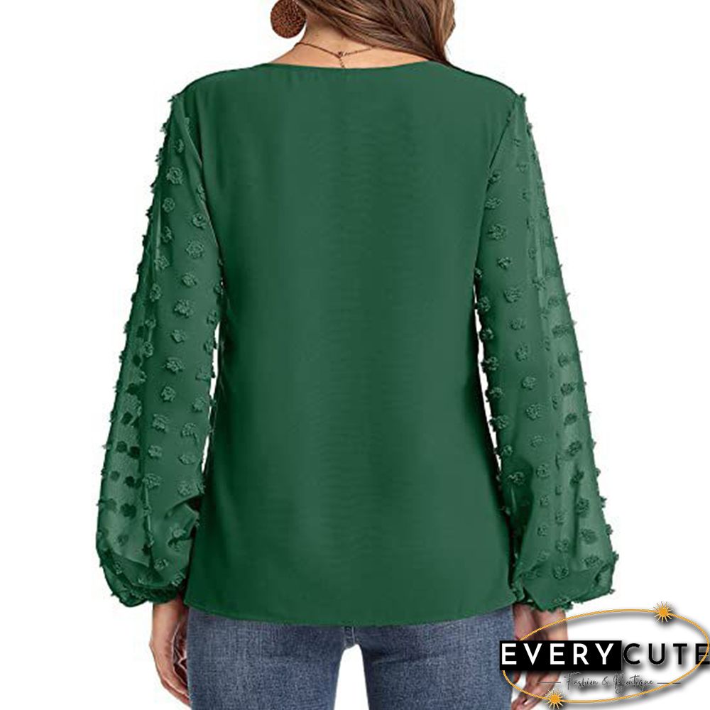 Green V Neck Splicing Swiss Dot Long Sleeve Blouse