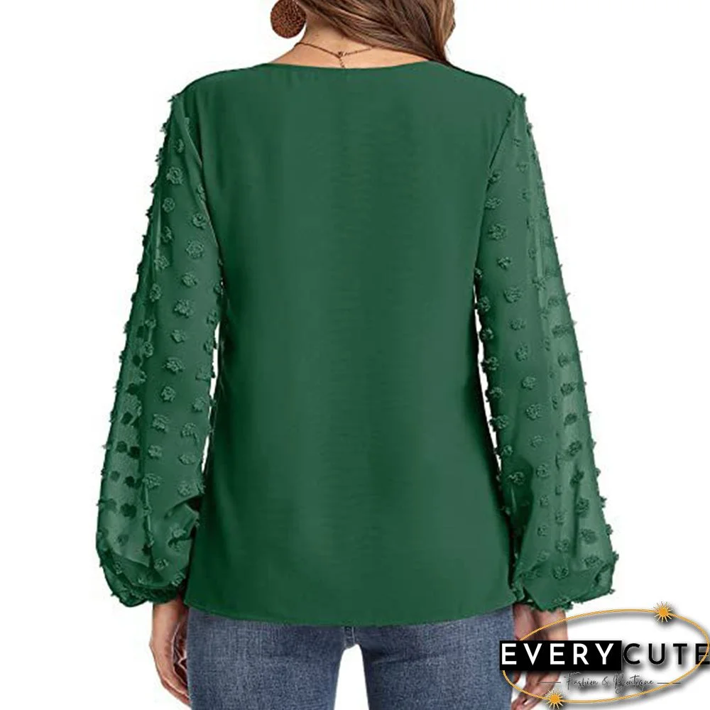 Green V Neck Splicing Swiss Dot Long Sleeve Blouse