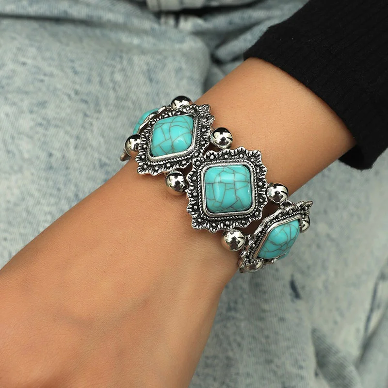 Personality Retro Geometric Turquoise Stretch Bracelet Women's Boho Bracelet