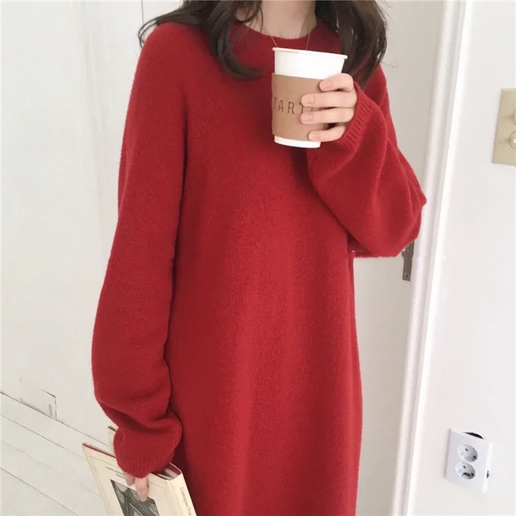 Woherb New 2020 Women's Autumn Winter Dresses Vintage Korean Style Knitting Elegant Oversized Pure Lady Long Dress DR1124