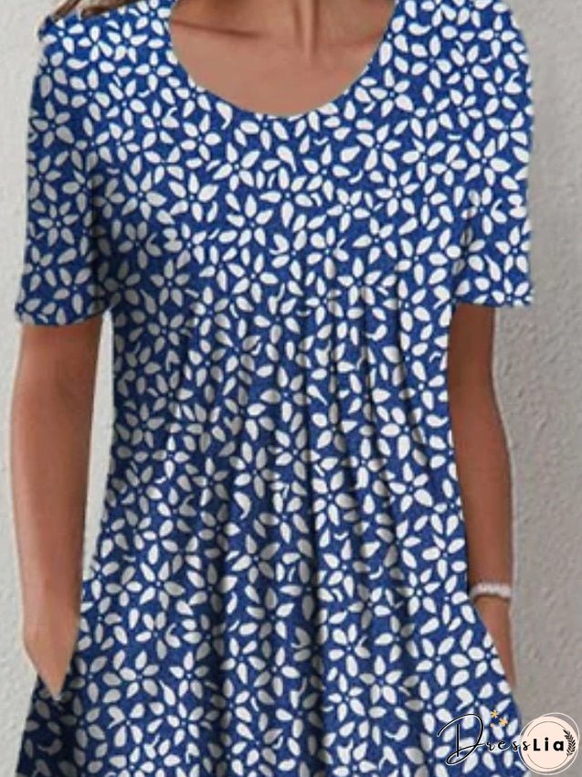 Women's Casual Dress Midi Dress Blue Short Sleeve Floral Ruched Spring Summer Crew Neck Basic