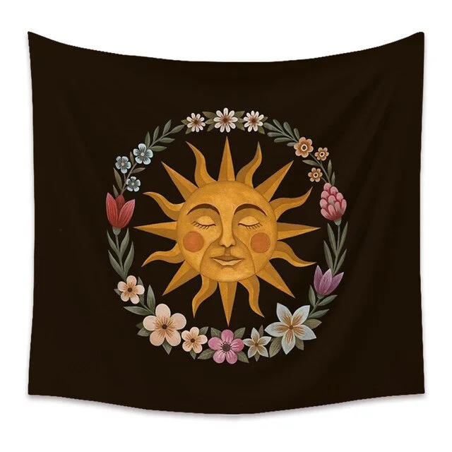 Bee Butterfly Flower Plant Tapestry Wall Hanging Black Background Cloth Moon Sun Tapestry For Farmhouse Decoration tapestry