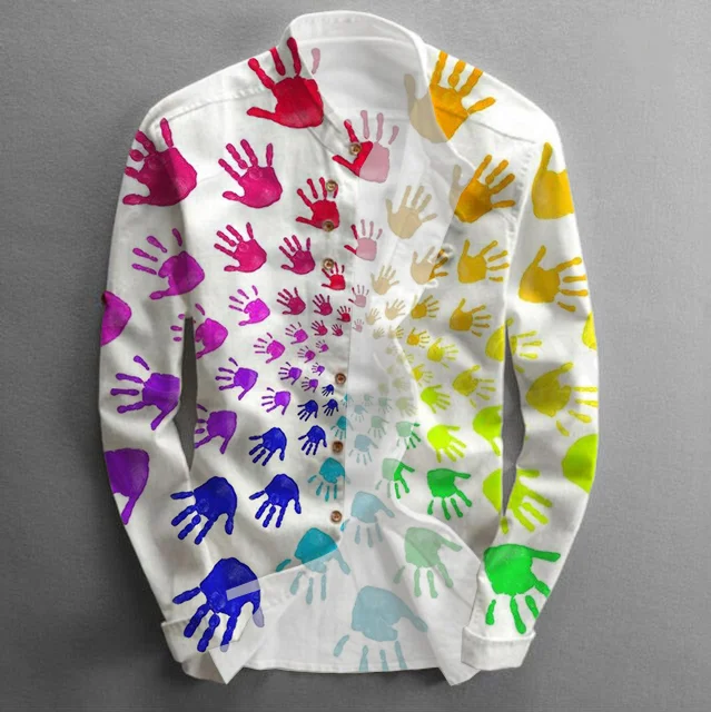 Men's Casual Colorful Palm Print Stand Collar Long Sleeve Shirt