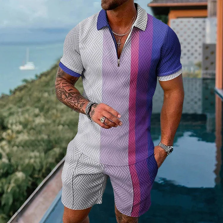 Men's purple geometric print polo suit