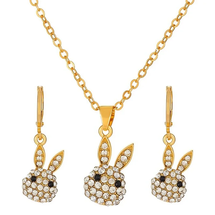 Fulaigao 2023 Exquisite Rhinestone Rabbit Necklace Pendant Women Personality Cute Earrings Alloy Jewelry Set Women's Wedding Jewelry
