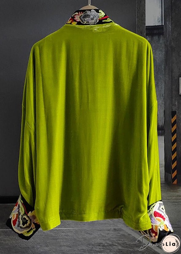 Vintage Green Stand Collar Embroidered Button Silk Velour Outwear Spring